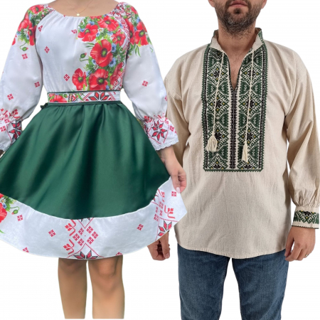 Set cuplu - Set Cuplu 436/ Camasa Traditionala si Rochie Stilizata cu motive traditionale
