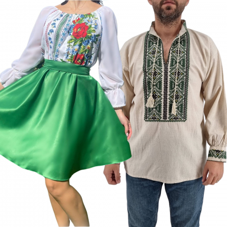 Set cuplu - Set Cuplu 437/ Camasa Traditionala si Rochie Stilizata cu motive traditionale