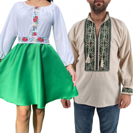 Set cuplu - Set Cuplu 438/ Camasa Traditionala si Rochie Stilizata cu motive traditionale