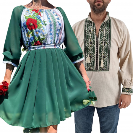 Set cuplu - Set Cuplu 439/ Camasa Traditionala si Rochie Stilizata cu motive traditionale