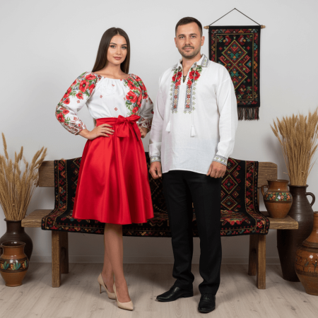 Set cuplu - Set Cuplu 440/ Camasa Traditionala si Rochie Stilizata cu motive traditionale