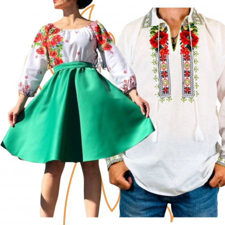 Set cuplu - Set Cuplu 441/ Camasa Traditionala si Rochie Stilizata cu motive traditionale
