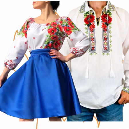 Set cuplu - Set Cuplu 442/ Camasa Traditionala si Rochie Stilizata cu motive traditionale