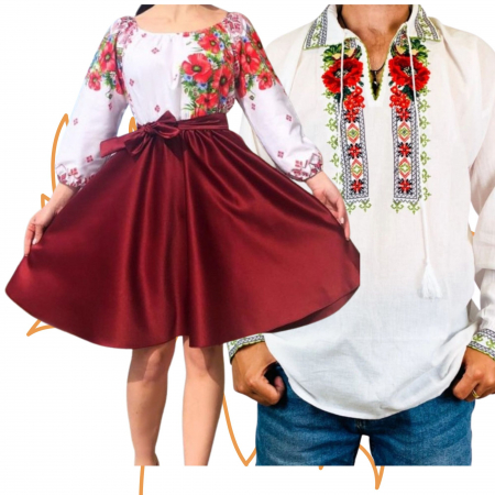 Set cuplu - Set Cuplu 443/ Camasa Traditionala si Rochie Stilizata cu motive traditionale