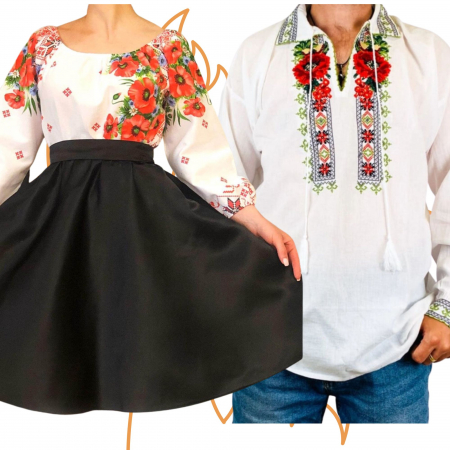 Set cuplu - Set Cuplu 444/ Camasa Traditionala si Rochie Stilizata cu motive traditionale