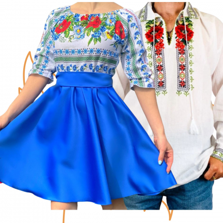 Set cuplu - Set Cuplu 445/ Camasa Traditionala si Rochie Stilizata cu motive traditionale