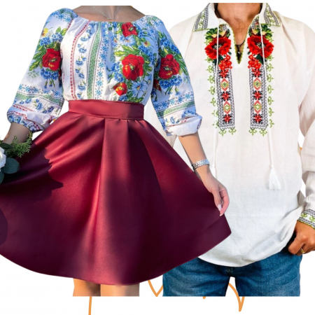 Set cuplu - Set Cuplu 446/ Camasa Traditionala si Rochie Stilizata cu motive traditionale