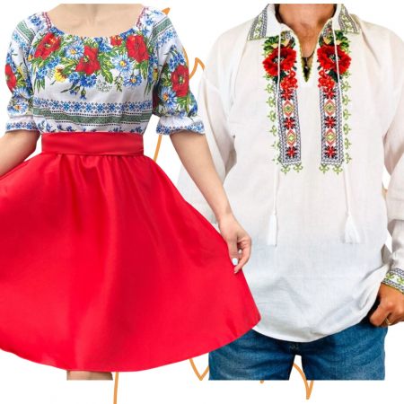 Set cuplu - Set Cuplu 447/ Camasa Traditionala si Rochie Stilizata cu motive traditionale