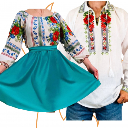 Set cuplu - Set Cuplu 459/ Camasa Traditionala si Rochie Stilizata cu motive traditionale