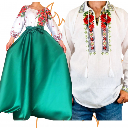 Set cuplu - Set Cuplu 448/ Camasa Traditionala si Rochie Stilizata cu motive traditionale