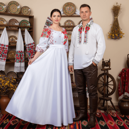 Set cuplu - Set Cuplu 449/ Camasa Traditionala si Rochie Stilizata cu motive traditionale