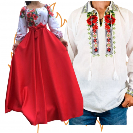 Set cuplu - Set Cuplu 453 / Camasa Traditionala si Rochie Stilizata cu motive traditionale