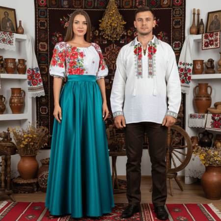 Set cuplu - Set Cuplu 454 / Camasa Traditionala si Rochie Stilizata cu motive traditionale