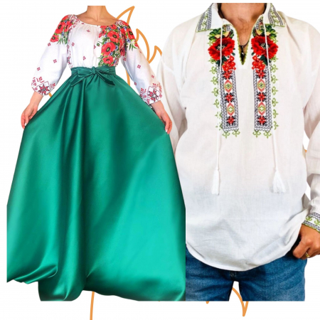 Set cuplu - Set Cuplu 455 / Camasa Traditionala si Rochie Stilizata cu motive traditionale