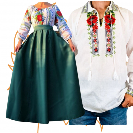 Set cuplu - Set Cuplu 456 / Camasa Traditionala si Rochie Stilizata cu motive traditionale