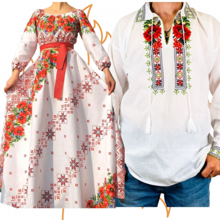 Set cuplu - Set Cuplu 457 / Camasa Traditionala si Rochie Stilizata cu motive traditionale
