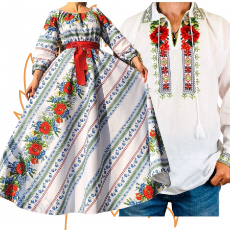 Set cuplu - Set Cuplu 458 / Camasa Traditionala si Rochie Stilizata cu motive traditionale
