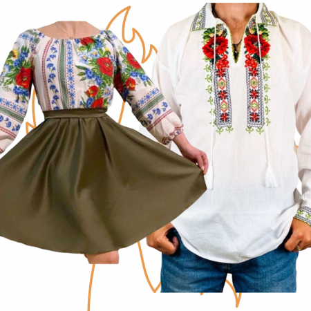 Set cuplu - Set Cuplu 460 / Camasa Traditionala si Rochie Stilizata cu motive traditionale