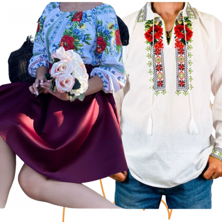 Set cuplu - Set Cuplu 461 / Camasa Traditionala si Rochie Stilizata cu motive traditionale
