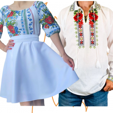 Set cuplu - Set Cuplu 462 / Camasa Traditionala si Rochie Stilizata cu motive traditionale