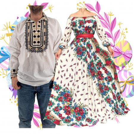 Set cuplu - Set Cuplu 466 / Camasa Traditionala si Rochie Stilizata cu motive traditionale