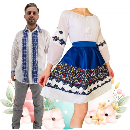 Set cuplu - Set Cuplu 468 / Camasa Traditionala si Rochie Stilizata cu motive traditionale