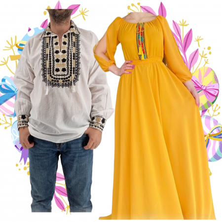 Set cuplu - Set Cuplu 467 / Camasa Traditionala si Rochie Stilizata cu motive traditionale