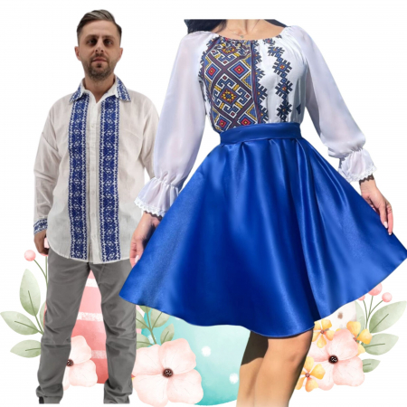 Set cuplu - Set Cuplu 469 / Camasa Traditionala si Rochie Stilizata cu motive traditionale