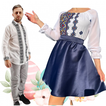 Set cuplu - Set Cuplu 469 / Camasa Traditionala si Rochie Stilizata cu motive traditionale