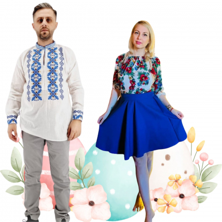 Set cuplu - Set Cuplu 474 / Camasa Traditionala si Rochie Stilizata cu motive traditionale
