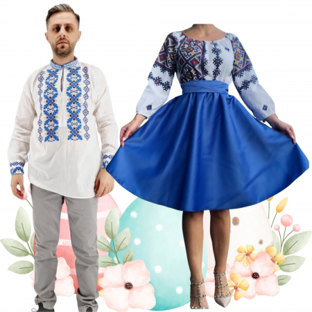 Set cuplu - Set Cuplu 475 / Camasa Traditionala si Rochie Stilizata cu motive traditionale
