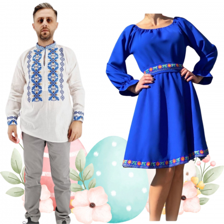 Set cuplu - Set Cuplu 476 / Camasa Traditionala si Rochie Stilizata cu motive traditionale