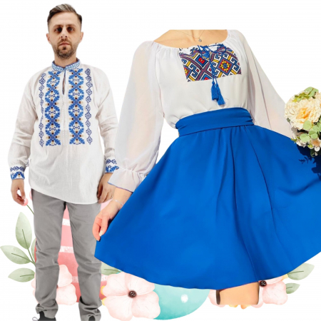 Set cuplu - Set Cuplu 477 / Camasa Traditionala si Rochie Stilizata cu motive traditionale