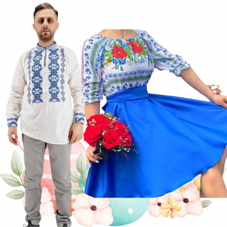 Set cuplu - Set Cuplu 478 / Camasa Traditionala si Rochie Stilizata cu motive traditionale