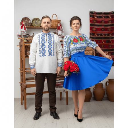 Set cuplu - Set Cuplu 479 / Camasa Traditionala si Rochie Stilizata cu motive traditionale