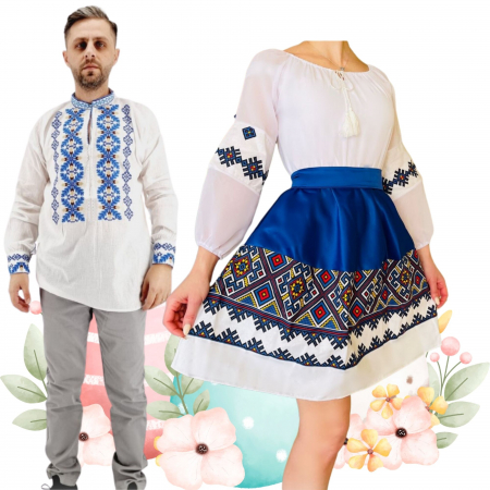 Set cuplu - Set Cuplu 480/ Camasa Traditionala si Rochie Stilizata cu motive traditionale