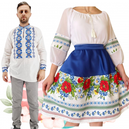 Set cuplu - Set Cuplu 482/ Camasa Traditionala si Rochie Stilizata cu motive traditionale