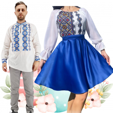 Set cuplu - Set Cuplu 482/ Camasa Traditionala si Rochie Stilizata cu motive traditionale