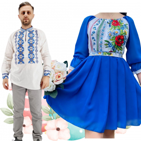 Set cuplu - Set Cuplu 483/ Camasa Traditionala si Rochie Stilizata cu motive traditionale