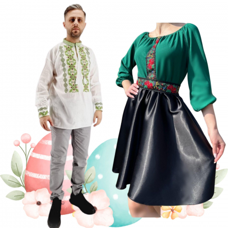 Set cuplu - Set Cuplu 484 / Camasa Traditionala si Rochie Stilizata cu motive traditionale