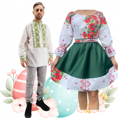 Set cuplu - Set Cuplu 487 / Camasa Traditionala si Rochie Stilizata cu motive traditionale