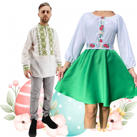 Set cuplu - Set Cuplu 488 / Camasa Traditionala si Rochie Stilizata cu motive traditionale
