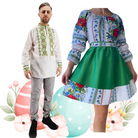 Set cuplu - Set Cuplu 491 / Camasa Traditionala si Rochie Stilizata cu motive traditionale