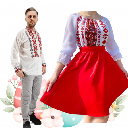 Set cuplu - Set Cuplu 494 / Camasa Traditionala si Rochie Stilizata cu motive traditionale