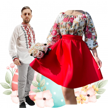 Set cuplu - Set Cuplu 496 / Camasa Traditionala si Rochie Stilizata cu motive traditionale