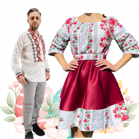 Set cuplu - Set Cuplu 497 / Camasa Traditionala si Rochie Stilizata cu motive traditionale