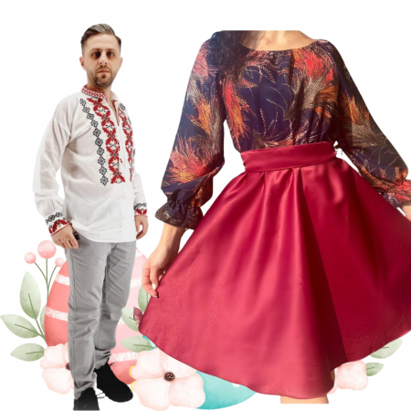 Set cuplu - Set Cuplu 498 / Camasa Traditionala si Rochie Stilizata cu motive florale