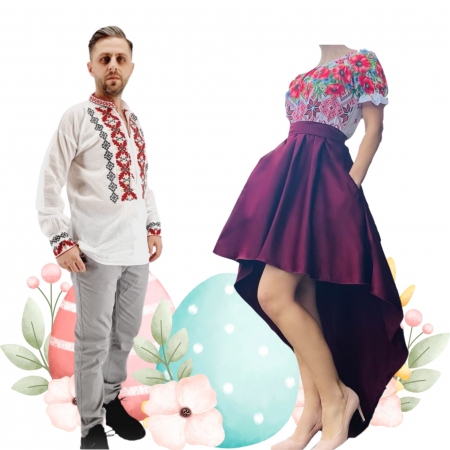 Set cuplu - Set Cuplu 500 / Camasa Traditionala si Rochie stilizata traditional asimetrica