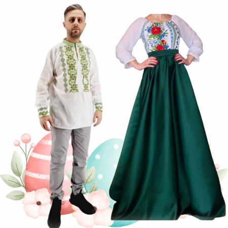 Set cuplu - Set Cuplu 502 / Camasa Traditionala si Rochie Stilizata cu motive traditionale