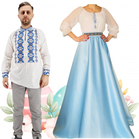 Set cuplu - Set Cuplu 503 / Camasa Traditionala si Rochie Stilizata cu motive traditionale